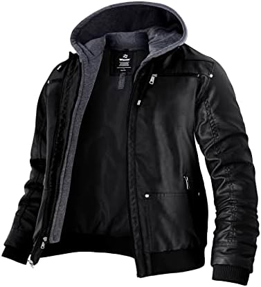 Wantdo Men’s Faux Leather Jacket with Removable Hood Motorcycle Jacket Casual Warm Winter Coat