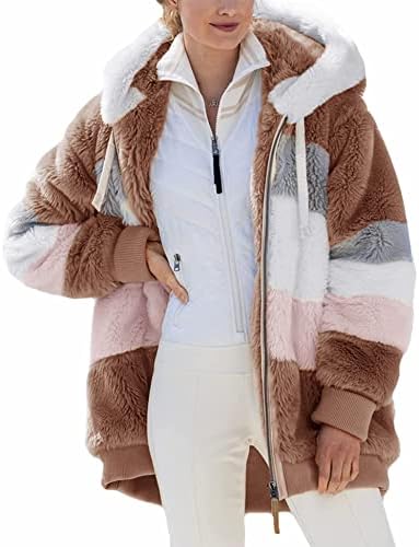 Micoson Women Fashion Color Block Faux Shearling Coat Warm Hooded Zip Up Fuzzy Winter Jacket with Pockets