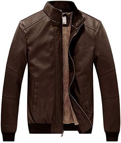 WenVen Men’s Stand Collar Fleece Lined Bomber Faux Leather Jacket