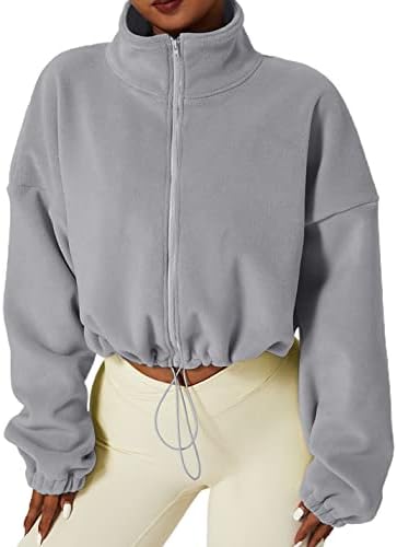 Yeokou Women’s Full Zip Fleece Jackets Cropped Warm Winter Coats Long Sleeve Drawstring Sweatshirts