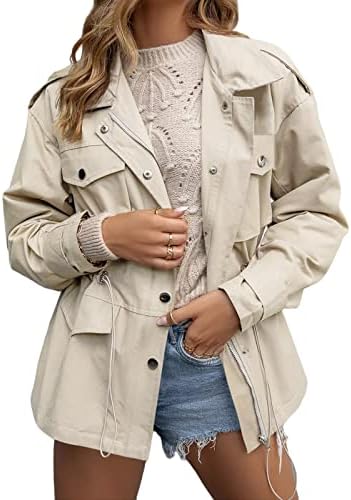 Soulomelody Womens Military Anorak Jackets Zip Up Parka Safari Utility Versatile Coat Waist Drawstring Outwear with Pockets