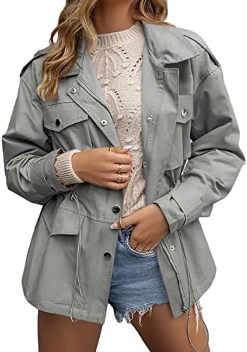 Soulomelody Womens Military Anorak Jackets Zip Up Parka Safari Utility Versatile Coat Waist Drawstring Outwear with Pockets