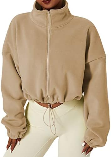 Yeokou Women’s Full Zip Fleece Jackets Cropped Warm Winter Coats Long Sleeve Drawstring Sweatshirts