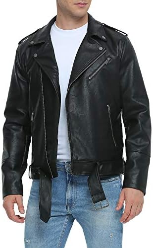 Fahsyee Leather Jackets for Men, Faux Bomber Jacket Men Motorcycle Lapel Asymmetric Zip-Up Blet Slim Fit Biker Coat