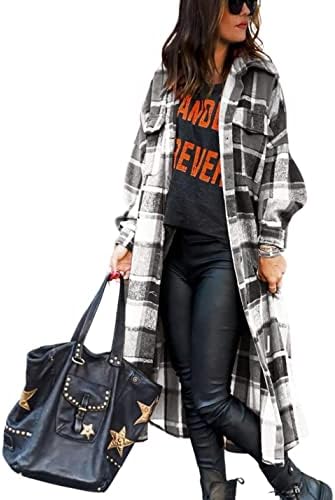 happlan Women’s Plaid Shacket Casual Flannel Shirt Jacket Loose Lapel Wool Blend Coat Oversized
