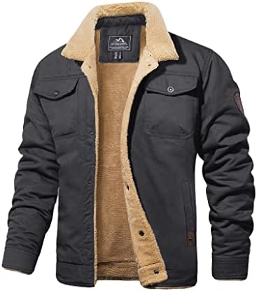 MAGCOMSEN Men’s Cargo Jacket Cotton Thicken Lined Sherpa Jackets Winter Warm Turn-down Collar Coats Multi Pockets