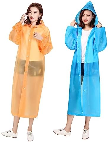 YDYJKI Rain Ponchos for Adults Reusable Lightweight Waterproof Rain Coats for women and men with Hood and Drawstring (2 Pack) Blue and Orange