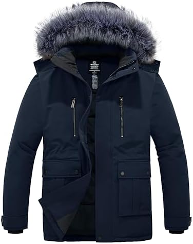 Wantdo Men’s Puffer Jacket Thick Winter Coats Warm Parka Outerwear with Fur Hood