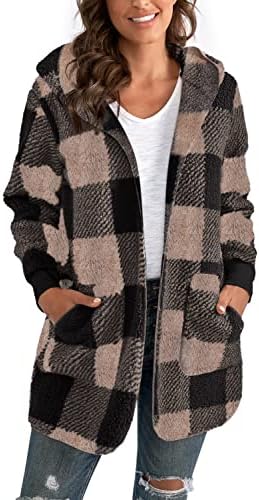 Yanekop Womens Fuzzy Fleece Open Front Hooded Cardigan Jackets Sherpa Outerwear Coats with Pockets