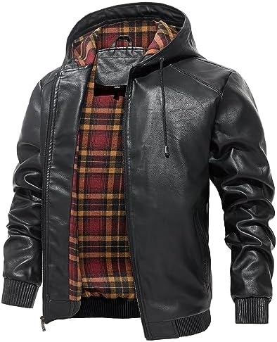Tigerspot Men’s Leather Jacket Motorcycle Bomber PU Vintage Casual Winter Coat With Removable Hood