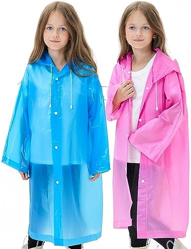 HOOMBOOM 2 Packs Waterproof Raincoat for Kids, Reusable Emergency EVA Rain Ponchos,Rain Jacket for Children Boys and Girls