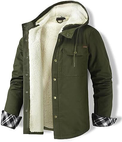Fabugi Men’s Cotton Fleece Coat Hooded Button Shirt Jacket Long Sleeve Outdoor Thicken Cargo Jacket for Men with Pocket