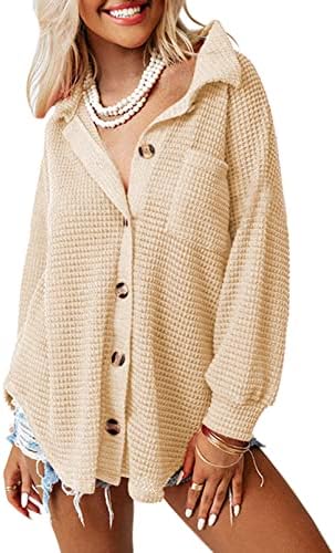 SHEWIN Womens Waffle Knit Button Down Shirts Casual Long Sleeve Shacket Jacket Boyfriend Tops Blouses Loose Fit