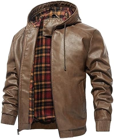 Tigerspot Men’s Faux Leather Jacket Motorcycle Bomber PU Vintage Casual Warm Winter Coat With Removable Hood