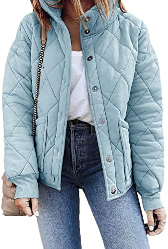 Fazortev Womens Dolman Quilted Jackets Casual Button Down Winter Long Sleeve Stand Neck Lightweight Warm Coat