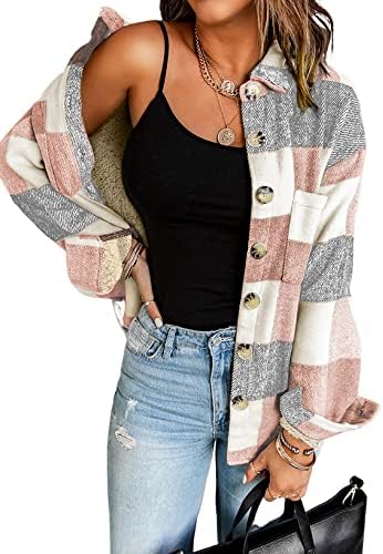 EVALESS Womens Plaid Corduroy Shacket Jacket Casual Flannel Lapel Long Sleeve Button Down Shirts Sherpa Fleece Lined Coats