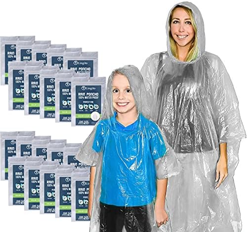 Lingito 20 Pack of Family Rain Ponchos | Disposable Emergency Ponchos | Perfect for Camping, Hiking & Travel