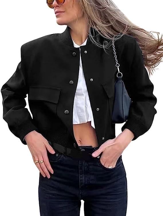 Bienmorn Women’s Cropped Bomber Jacket Casual Streetwear Long Sleeve Varsity Baseball Jackets with Pockets1