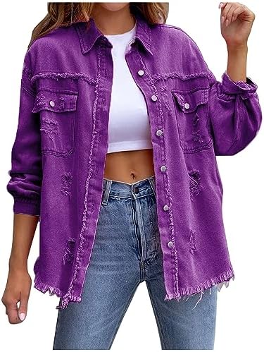 Y2K Denim Jackets for Women 2023 Ripped Button Down Shacket Jackets Frayed Trim Steampunk Streetwear Coats Jean Shirts