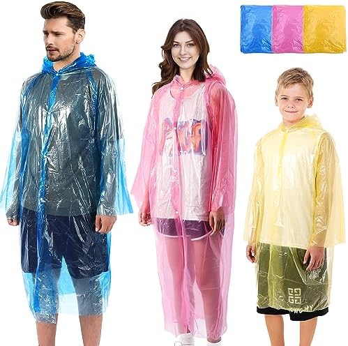 CAYYET Rain Ponchos Family Pack of 3, Disposable Emergency Raincoat for Kids and Adults Camping Hiking Outdoors, 2 Adults and 1 Children Waterproof Ponchos