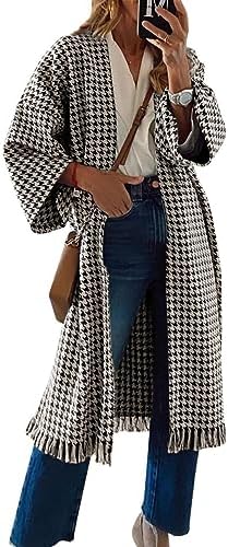 miduo Womens Long Sleeve Open Front Oversized Fit Houndstooth Plaid Long Cardigans Coats JACKETS Tartan Outerwear