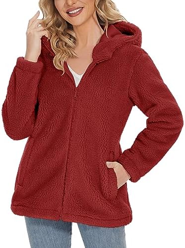 MAGCOMSEN Women’s Sherpa Jacket Zip Up Hoodie Fuzzy Teddy Coat with Zipper Pockets Lightweight Fleece Lined Warm Winter Coat