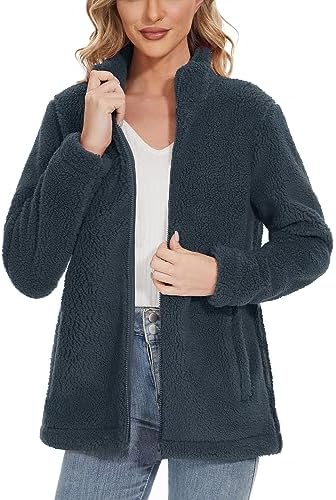 CRYSULLY Women’s Sherpa Fleece Jacket Full-Zip Fuzzy Casual Coats Warm Winter Outdoor Jacket With Zipper Pockets