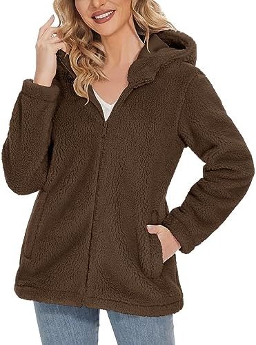 MAGCOMSEN Women’s Sherpa Jacket Zip Up Hoodie Fuzzy Teddy Coat with Zipper Pockets Lightweight Fleece Lined Warm Winter Coat