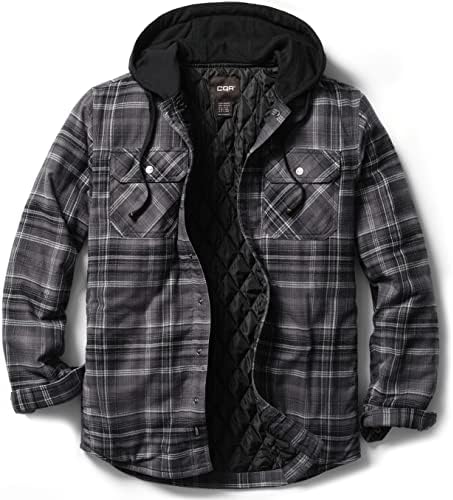 CQR Men’s Hooded Quilted Lined Flannel Shirt Jacket, Long Sleeve Plaid Button Up Jackets
