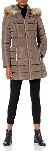 LAUNDRY BY SHELLI SEGAL Women’s 3/4 Puffer Jacket with Zig Zag Cinched Waist and Faux Fur Trim Hood