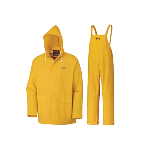 Pioneer Repel Rain Gear Safety Jacket & Bib Pants -Waterproof & Windproof PVC Work Suit for Men – 3 PC with Detachable Hood