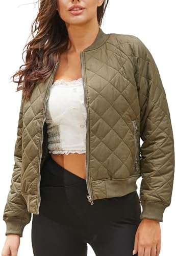 andy & natalie Women’s Bomber Jacket Quilted Long Sleeve Zip up Raglan Jacket Pockets