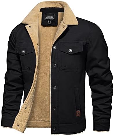 BIYLACLESEN Men’s Sherpa Lined Trucker Jacket Lapel Cotton Cargo Jacket Casual Button Military Jacket Warm Winter Parka
