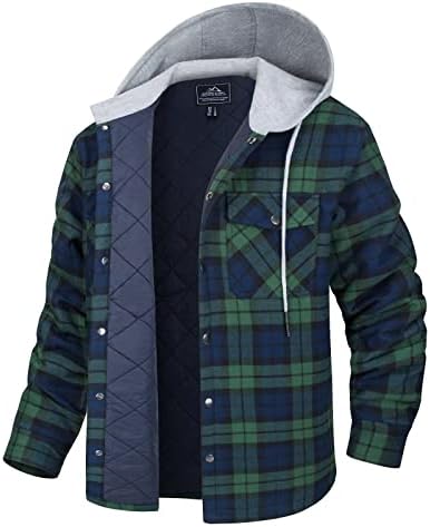MAGCOMSEN Men’s Flannel Shirt Jacket with Hood Quilted Lined Long Sleeve Plaid Hooded Jacket Button Down Winter Warm Coat