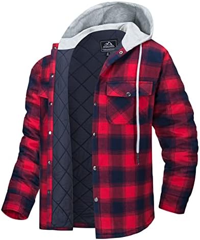 MAGCOMSEN Men’s Flannel Shirt Jacket with Hood Quilted Lined Long Sleeve Plaid Hooded Jacket Button Down Winter Warm Coat