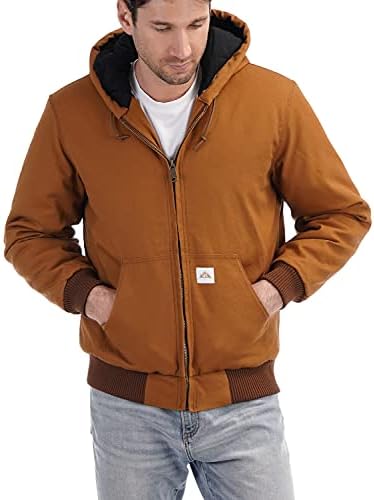 MOERDENG Men’s Quilted Flannel Lined Active Jacket Waterproof Cotton Duck Hooded Workwear Winter Coat