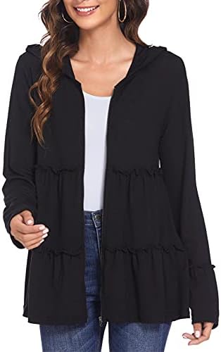 DEESHA Full Zip Up Hoodie for Women Pleated Tiered Ruffle Hooded Sweatshirts Jacket Coat Long Sleeve