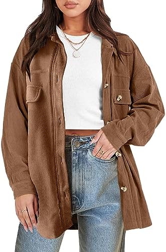 ANRABESS Womens Corduroy Shacket Oversized Long Sleeve Button Down Shirts 2023 Fall Cardigan Jacket Coats