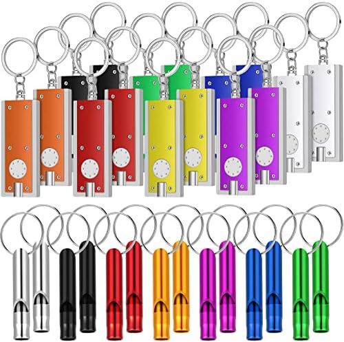 30 Pieces mini Keychain LED Lights Flashlight Emergency Whistle with Keychain Aluminum Whistle with Buck, Assorted Colors powerful Tiny torch LED Keychains Torch Flashlight Key Ring Hiking Whistles