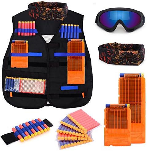 Forliver Kids Tactical Vest Kit for Nerf Guns, N-Strike Elite Series with 50 Bullets Refill Darts + 2 Reload Bullet Clips + Face Tube Mask + Protective Glasses + Hand Wrist Band