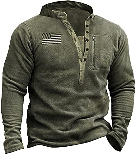 Men’s Tactical Fleece Henry Collar Long Sleeve Sweatshirt Soft Warm Retro American Flag Button Pullover