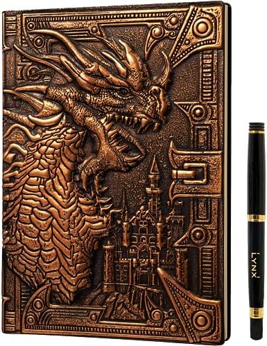 DND Notebook / Journal, Unique 200 Page Book with 3D Bronze Dragon Embossed Faux Leather Cover with Pen- Ideal for Dungeons & Dragons / D&D. Great RPG Accessories Nerdy Fantasy Gift for DM’s & Players, Men or Women.