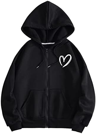 SweatyRocks Women’s Graphic Print Full Zip Hoodie Lined Sweatshirt Drawstring Jacket Coat
