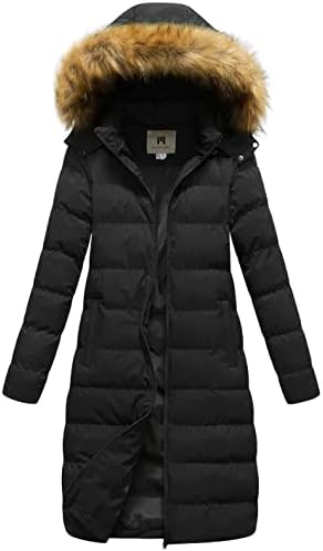 CREATMO US Women’s Long Winter Faux Fur Coat Puffer Warm Jacket with Detachable Hood