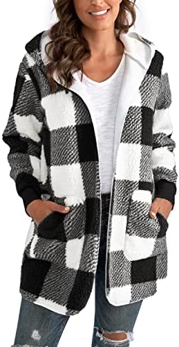 Yanekop Womens Fuzzy Fleece Open Front Hooded Cardigan Jackets Sherpa Outerwear Coats with Pockets