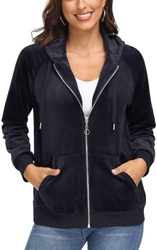 MAGCOMSEN Women’s Velour Hooded Jacket Long Sleeve Full Zip Outerwear Soft Warm Velvet Jacket with Side Pockets