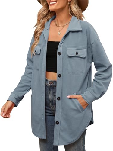 LUYAA Womens Button Down Shacket Long Sleeve Casual Shirt with Pockets Loose Collared Fuzzy Jackets