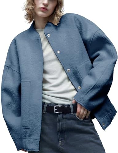 Lentta Women’s Wool Blend Jacket Oversized Shacket Casual Button Down Varsity Jacket with Pockets 2023