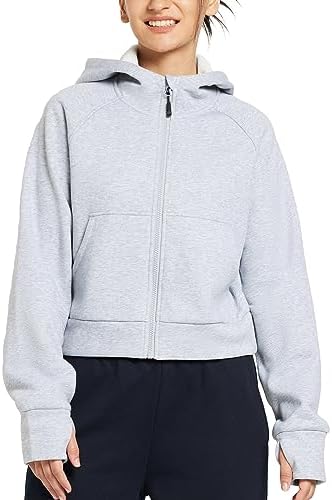 BALEAF Women’s Full-Zip Up Hoodies Jacket Fleece Cropped Oversized Sweatshirts Casual Cotton Long Sleeve Tops with Thumb Hole
