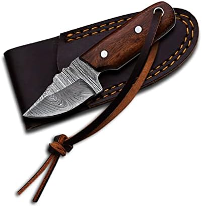 MEDIEVAL SUPPLIES Damascus Steel EDC Knife 4.5inch Fixed Blade Mini for Skinning,Survival,Camping and Outdoor Enthusiasts with Natural Handle Leather Sheath Brand By (WOOD)